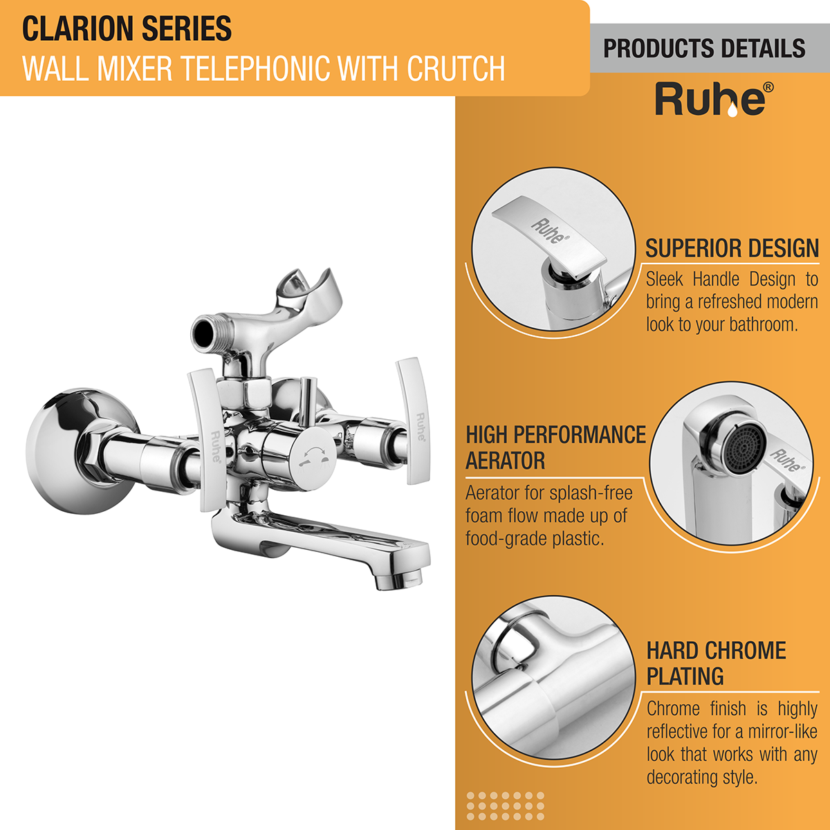 Clarion Telephonic Wall Mixer Brass Faucet (with Crutch) product details