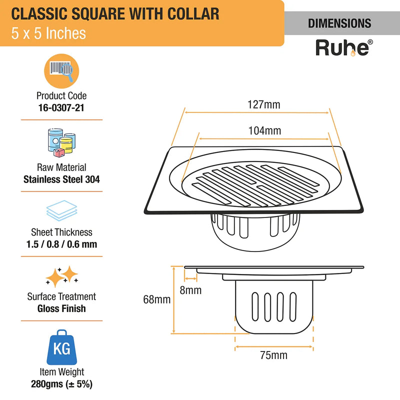 Classic Square 304-Grade Floor Drain with Collar & Cockroach Trap (5 x 5 Inches) - by Ruhe