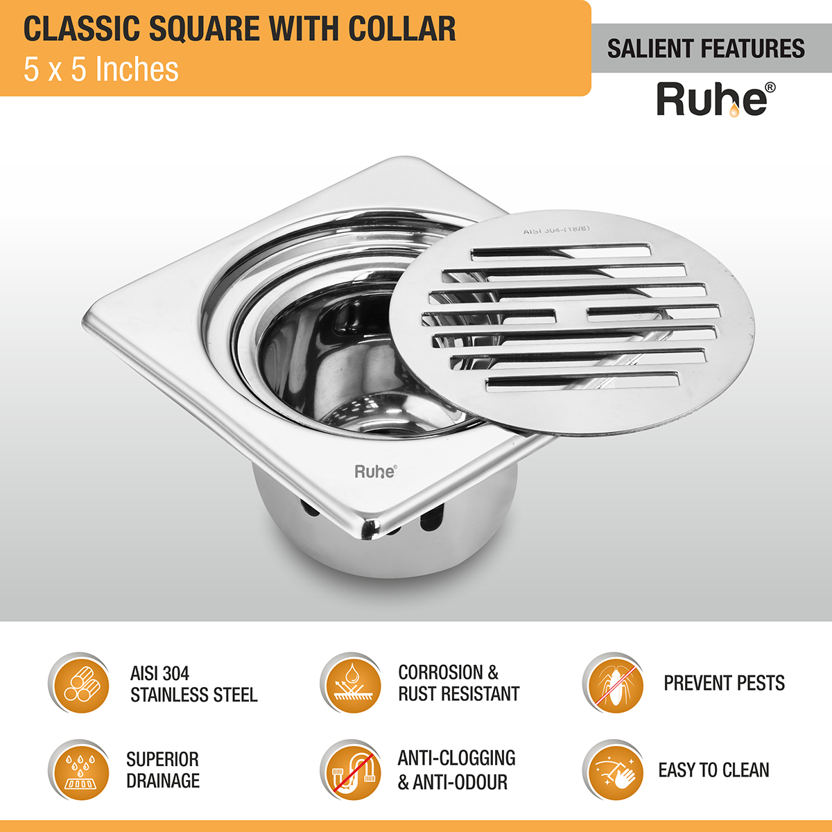 Classic Square 304-Grade Floor Drain with Collar & Cockroach Trap (5 x 5 Inches) -  by Ruhe