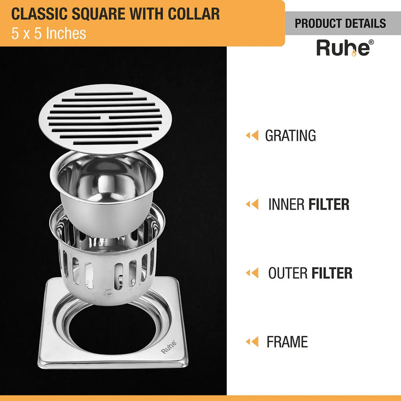 Classic Square 304-Grade Floor Drain with Collar & Cockroach Trap (5 x 5 Inches) - by Ruhe