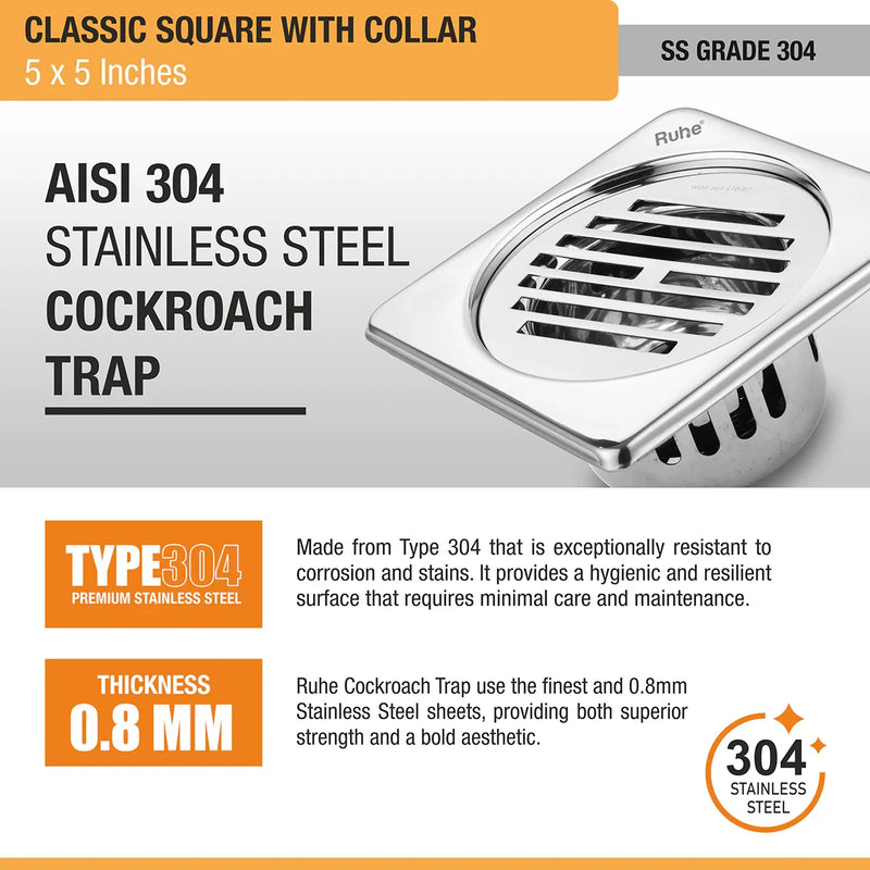 Classic Square 304-Grade Floor Drain with Collar & Cockroach Trap (5 x 5 Inches) - by Ruhe