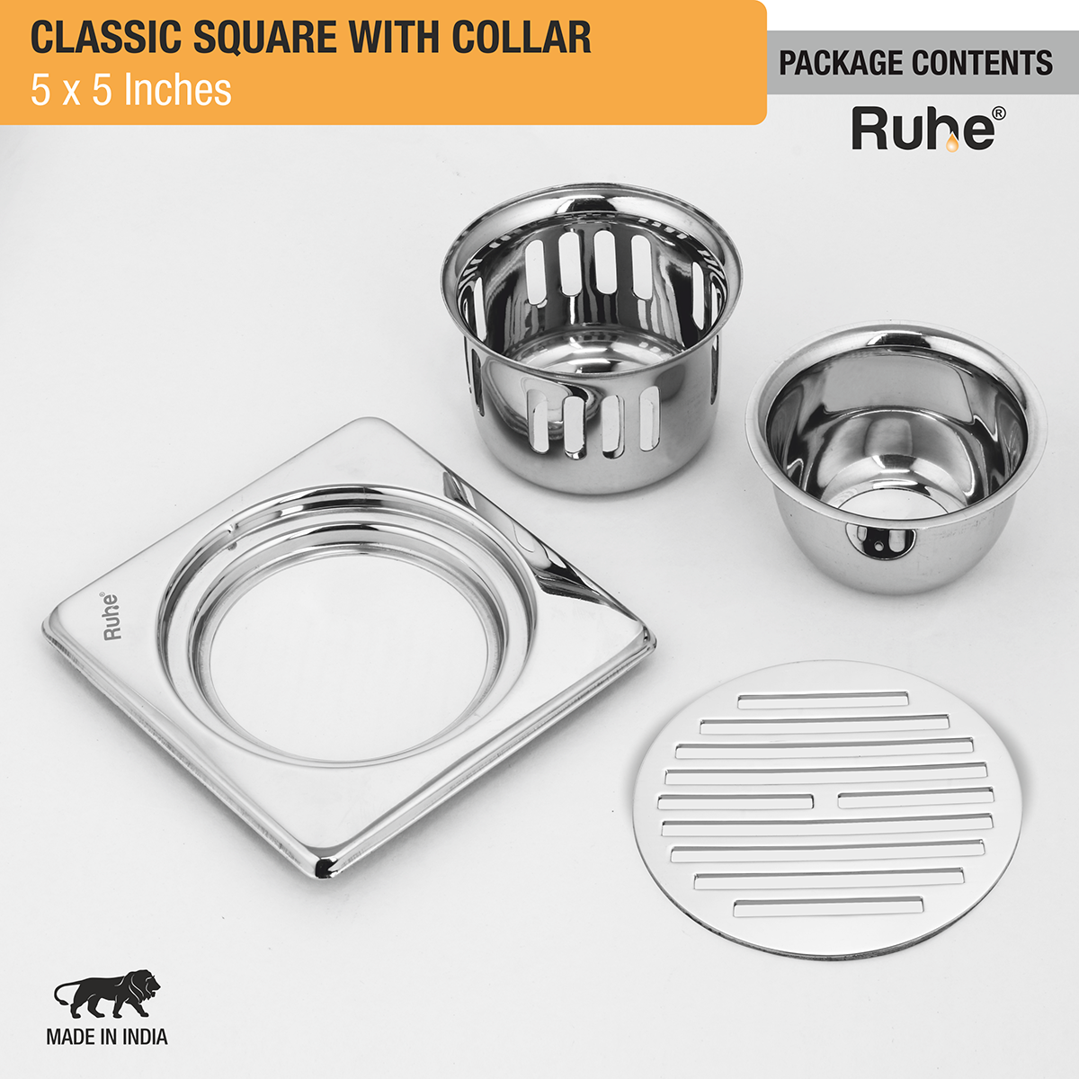 Classic Square 304-Grade Floor Drain with Collar & Cockroach Trap (5 x 5 Inches) -  by Ruhe