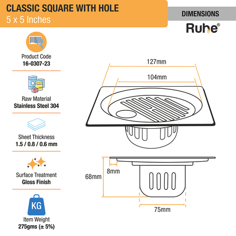 Classic Floor Drain with Collar Square (5 x 5 Inches) with Hole and Cockroach Trap (304 Grade) dimensions and size