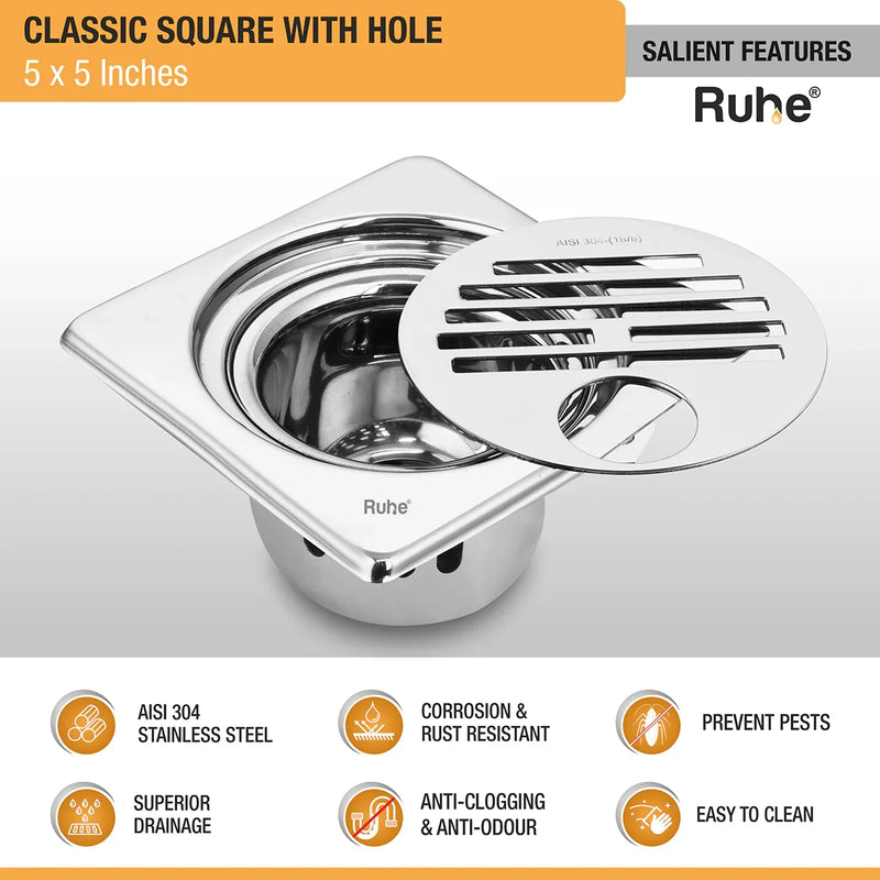 Classic Square 304-Grade Floor Drain with Collar, Hole & Cockroach Trap (5 x 5 Inches) - by Ruhe
