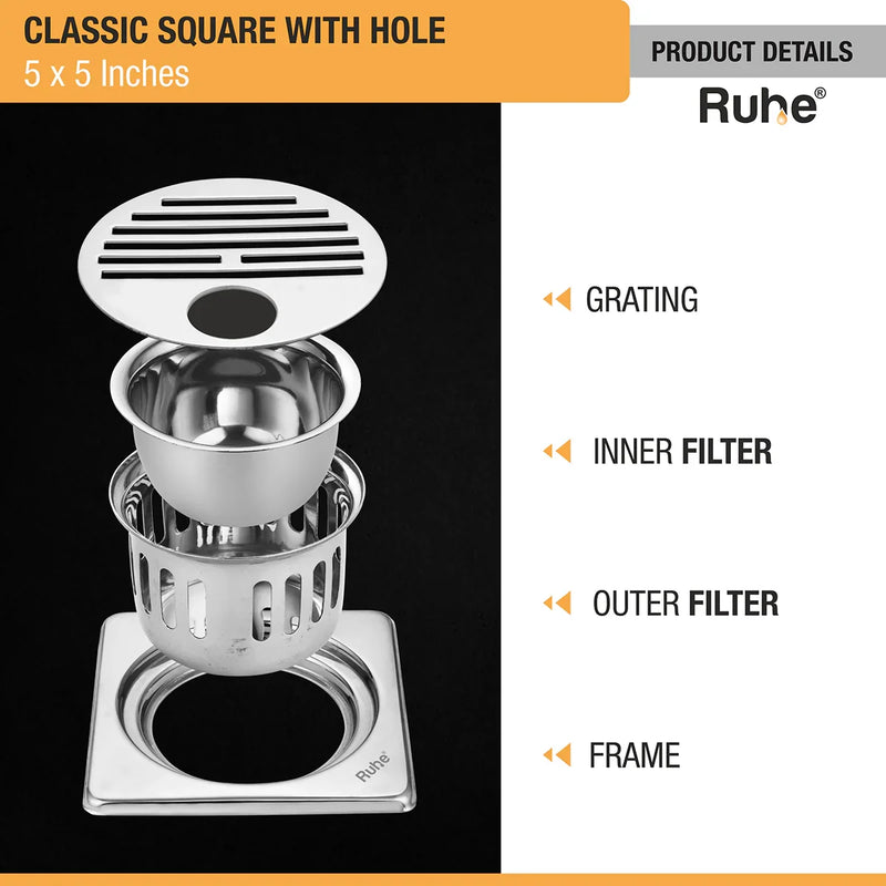Classic Square 304-Grade Floor Drain with Collar, Hole & Cockroach Trap (5 x 5 Inches) - by Ruhe