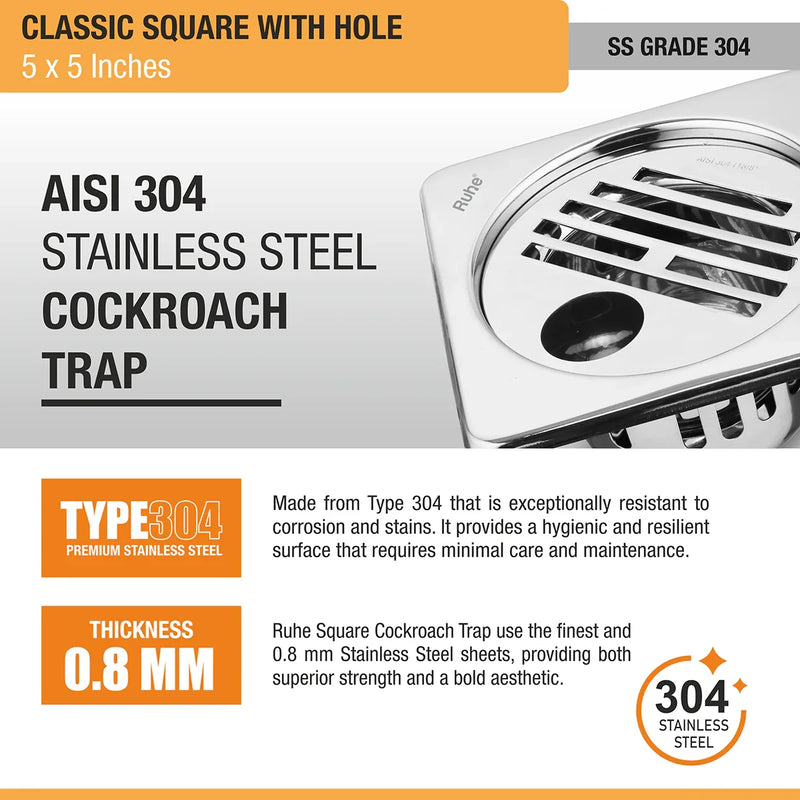 Classic Square 304-Grade Floor Drain with Collar, Hole & Cockroach Trap (5 x 5 Inches) - by Ruhe