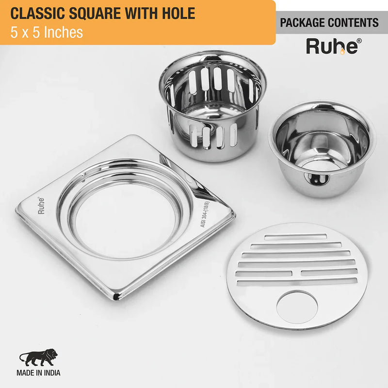 Classic Square 304-Grade Floor Drain with Collar, Hole & Cockroach Trap (5 x 5 Inches) - by Ruhe