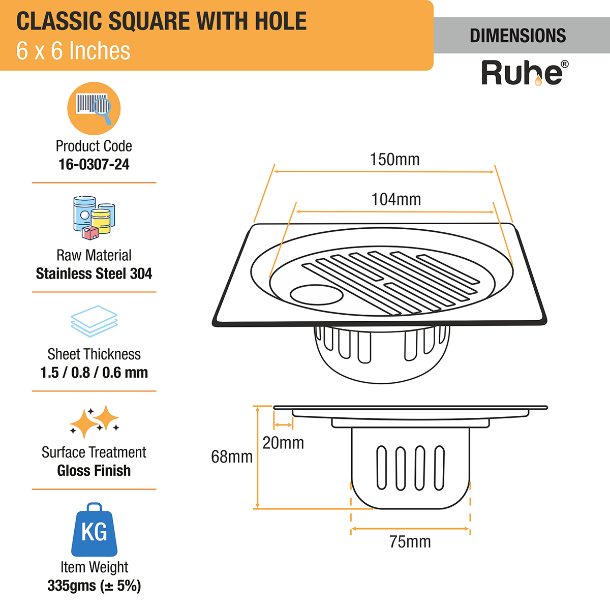 Classic Square 304-Grade Floor Drain with Collar, Hole & Cockroach Trap (6 x 6 Inches) -  by Ruhe