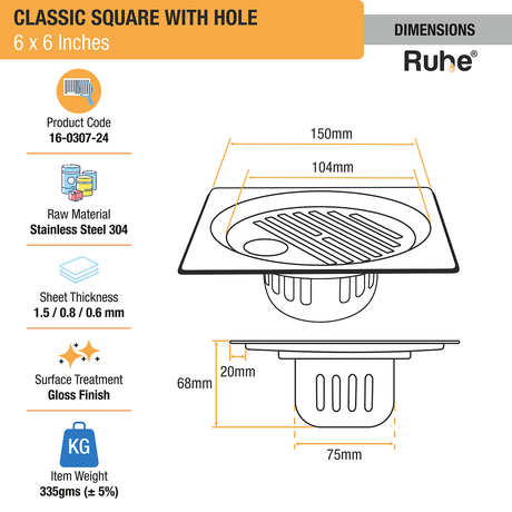 Classic Floor Drain with Collar Square (6 x 6 Inches) with Hole and Cockroach Trap (304 Grade) dimensions and size