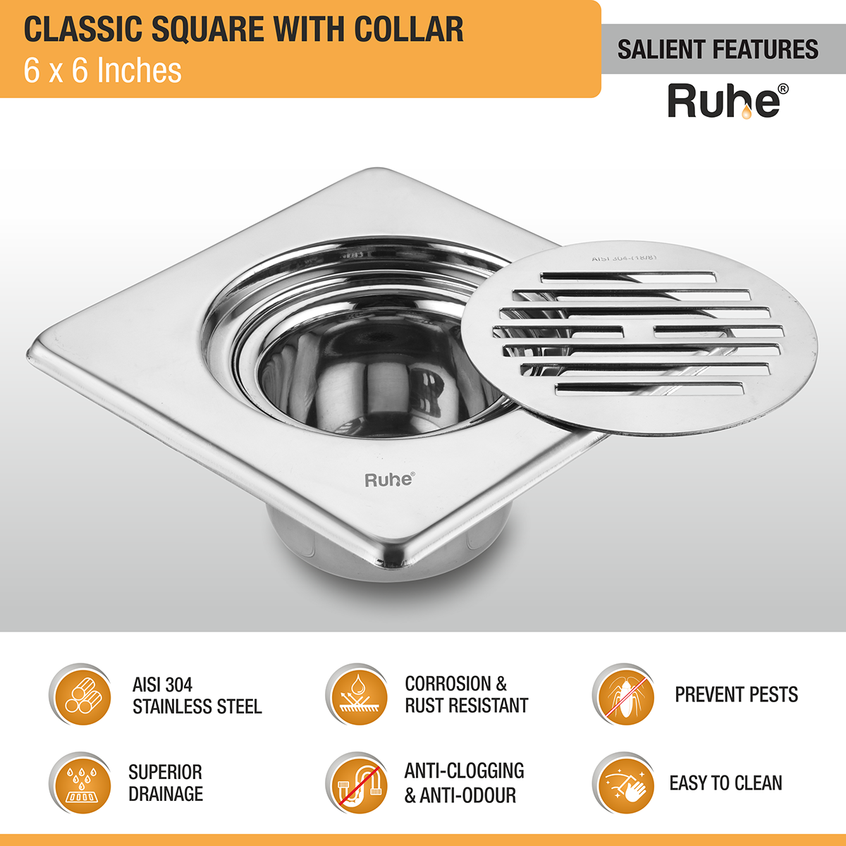 Classic Square 304-Grade Floor Drain with Collar & Cockroach Trap (6 x 6 Inches) -  by Ruhe ®