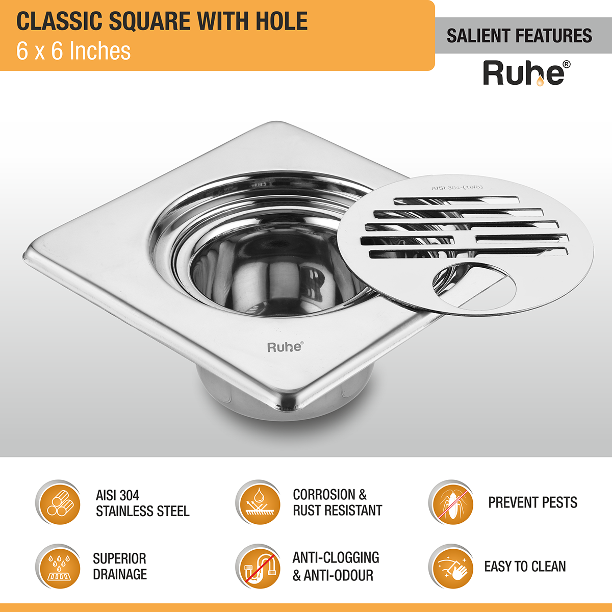 Classic Square 304-Grade Floor Drain with Collar, Hole & Cockroach Trap (6 x 6 Inches) -  by Ruhe