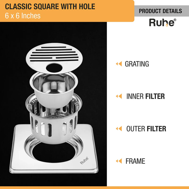 Classic Square 304-Grade Floor Drain with Collar, Hole & Cockroach Trap (6 x 6 Inches) - by Ruhe