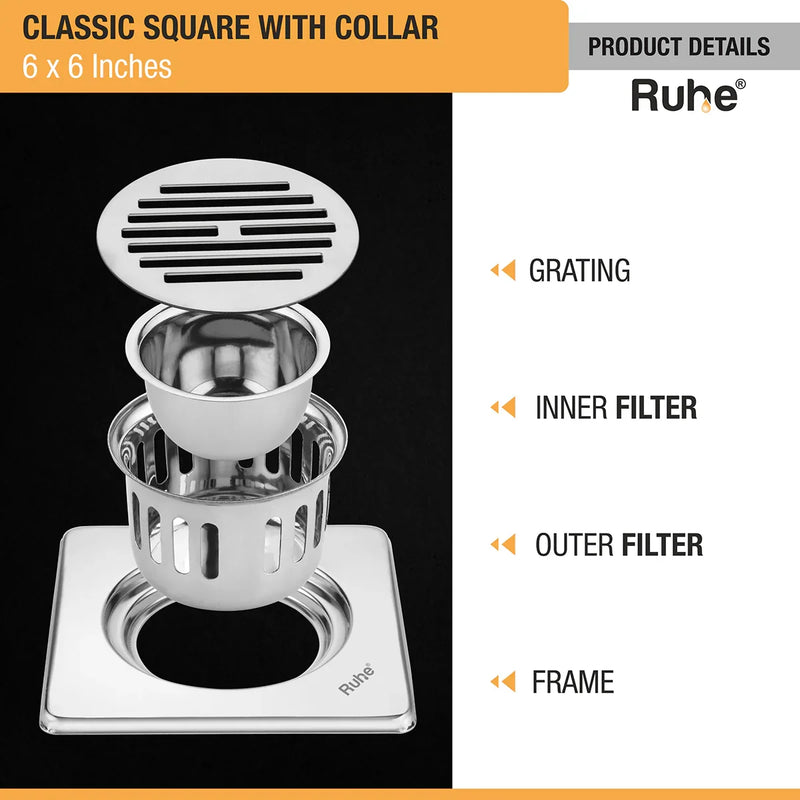 Classic Square 304-Grade Floor Drain with Collar & Cockroach Trap (6 x 6 Inches) - by Ruhe