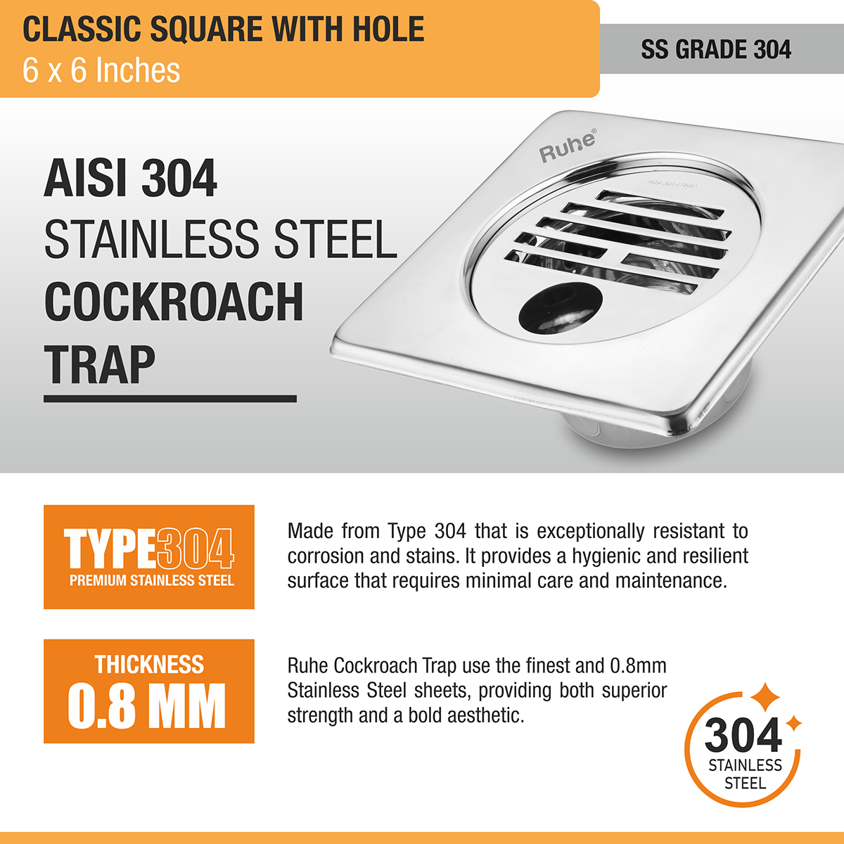 Classic Square 304-Grade Floor Drain with Collar, Hole & Cockroach Trap (6 x 6 Inches) -  by Ruhe