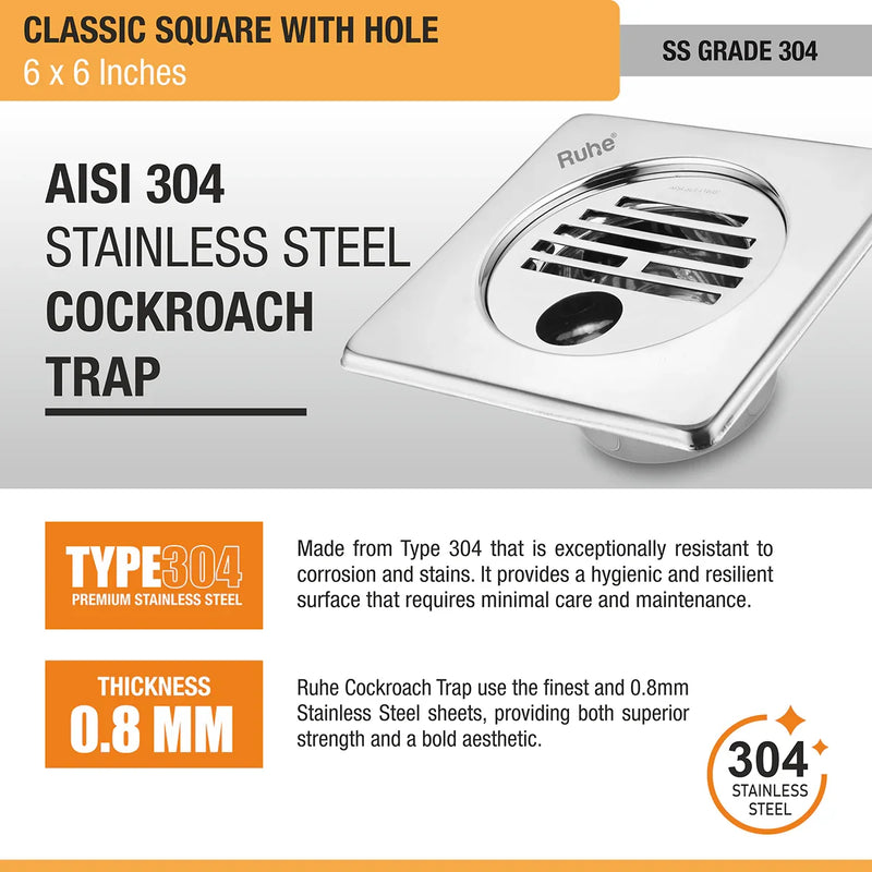 Classic Square 304-Grade Floor Drain with Collar, Hole & Cockroach Trap (6 x 6 Inches) - by Ruhe