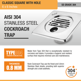 Classic Floor Drain with Collar Square (6 x 6 Inches) with Hole and Cockroach Trap (304 Grade) stainless steel