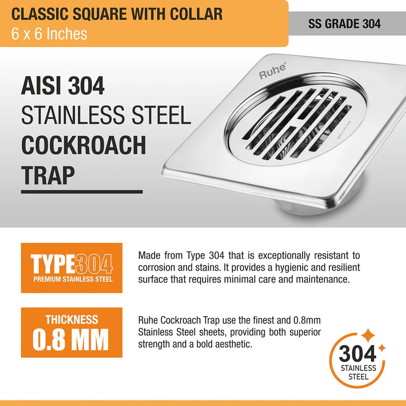 Classic Square 304-Grade Floor Drain with Collar & Cockroach Trap (6 x 6 Inches) - by Ruhe