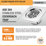 Classic Floor Drain with Collar Square (6 x 6 Inches) with Cockroach Trap (304 Grade) stainless steel