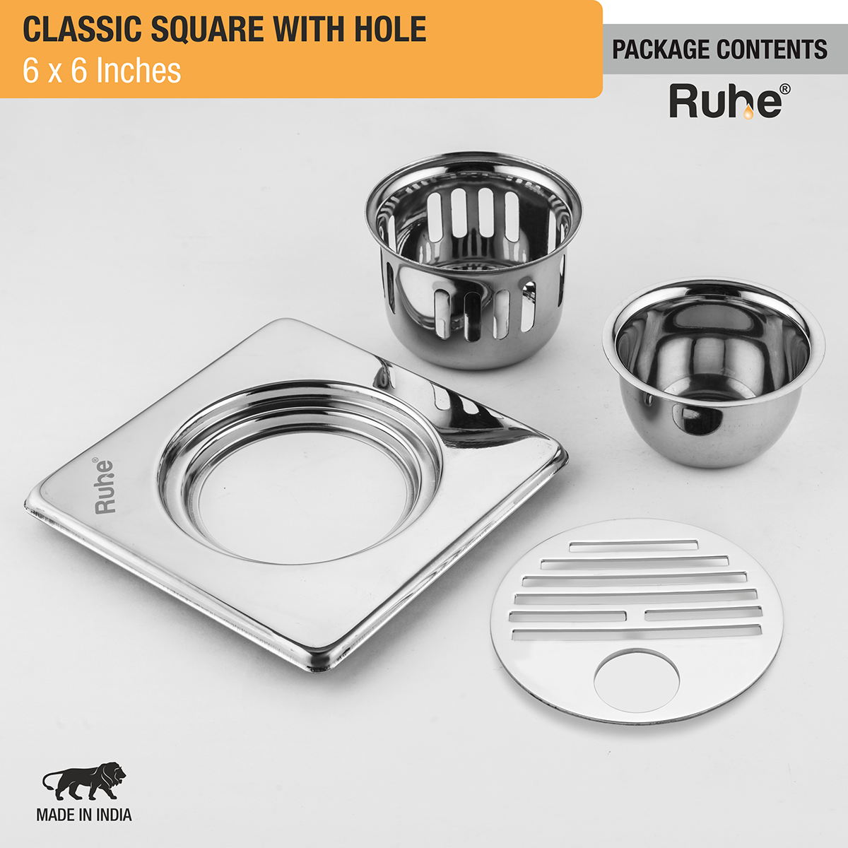 Classic Square 304-Grade Floor Drain with Collar, Hole & Cockroach Trap (6 x 6 Inches) -  by Ruhe