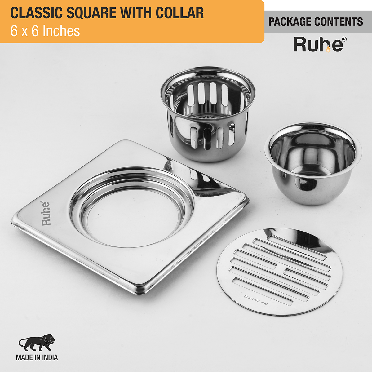 Classic Square 304-Grade Floor Drain with Collar & Cockroach Trap (6 x 6 Inches) -  by Ruhe ®