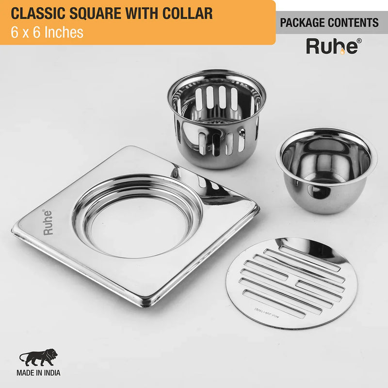 Classic Square 304-Grade Floor Drain with Collar & Cockroach Trap (6 x 6 Inches) - by Ruhe