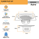 Classic Floor Drain Square Flat Cut (5 x 5 Inches) with Cockroach Trap (304 Grade) dimensions and size