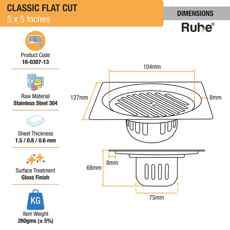 Classic Square Flat Cut 304-Grade Floor Drain with Cockroach Trap (5 x 5 Inches) - by Ruhe