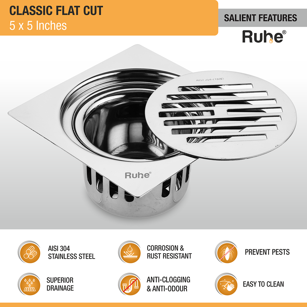 Classic Square Flat Cut 304-Grade Floor Drain with Cockroach Trap (5 x 5 Inches) -  by Ruhe