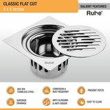 Classic Floor Drain Square Flat Cut (5 x 5 Inches) with Cockroach Trap (304 Grade) features