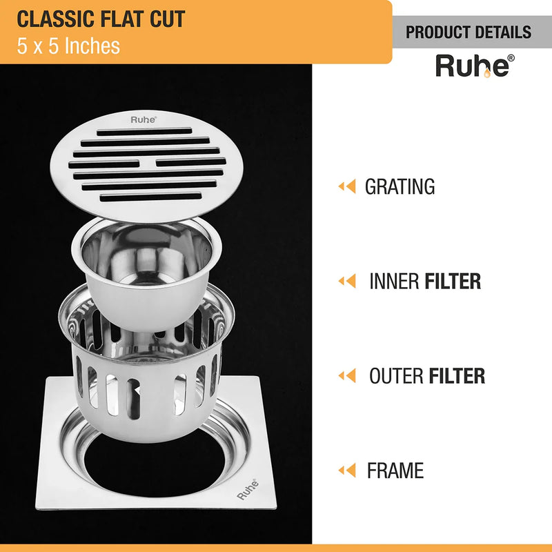 Classic Square Flat Cut 304-Grade Floor Drain with Cockroach Trap (5 x 5 Inches) - by Ruhe