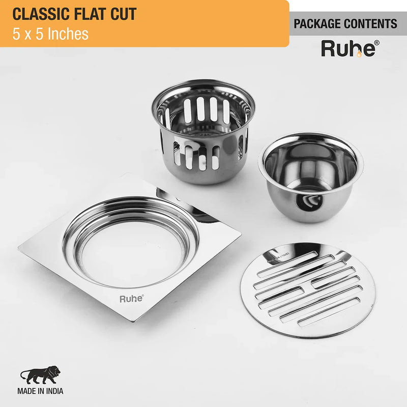 Classic Square Flat Cut 304-Grade Floor Drain with Cockroach Trap (5 x 5 Inches) - by Ruhe