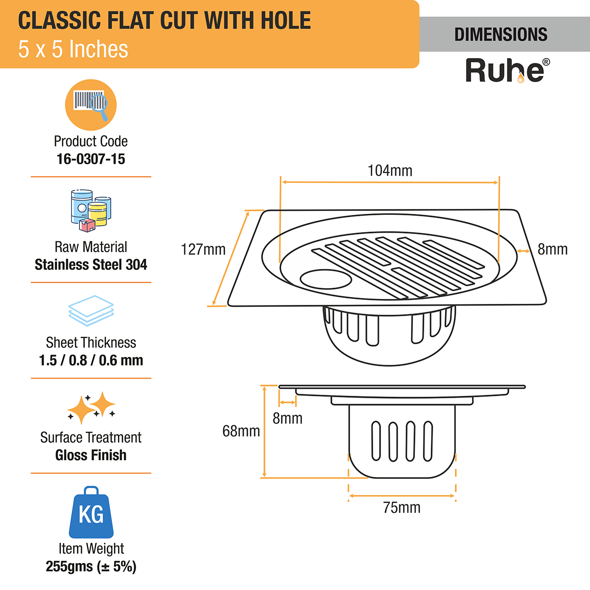 Classic Square Flat Cut 304-Grade Floor Drain with Hole & Cockroach Trap (5 x 5 Inches) -  by Ruhe