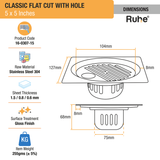 Classic Floor Drain Square Flat Cut (5 x 5 Inches) with Hole and Cockroach Trap (304 Grade) dimensions and size