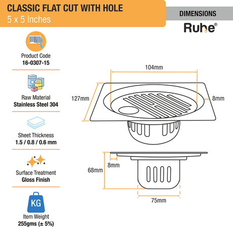 Classic Floor Drain Square Flat Cut (5 x 5 Inches) with Hole and Cockroach Trap (304 Grade) dimensions and size