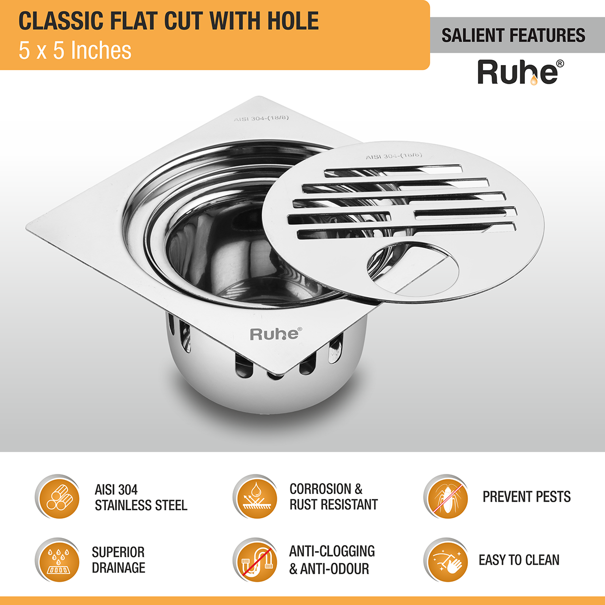 Classic Square Flat Cut 304-Grade Floor Drain with Hole & Cockroach Trap (5 x 5 Inches) -  by Ruhe