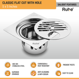 Classic Floor Drain Square Flat Cut (5 x 5 Inches) with Hole and Cockroach Trap (304 Grade) features
