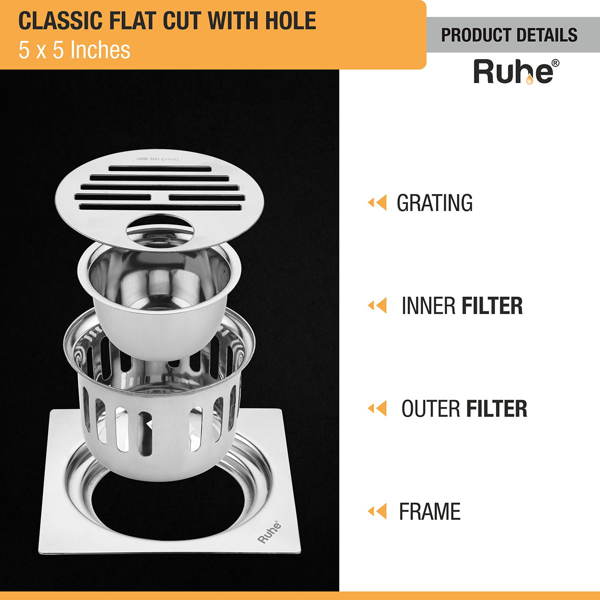 Classic Square Flat Cut 304-Grade Floor Drain with Hole & Cockroach Trap (5 x 5 Inches) -  by Ruhe