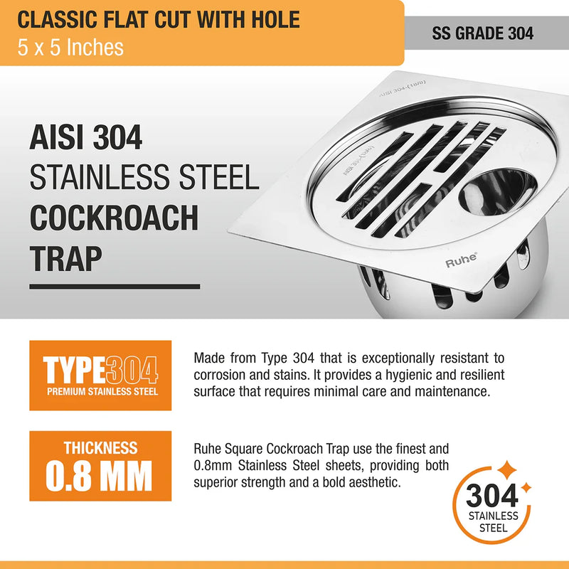 Classic Square Flat Cut 304-Grade Floor Drain with Hole & Cockroach Trap (5 x 5 Inches) - by Ruhe