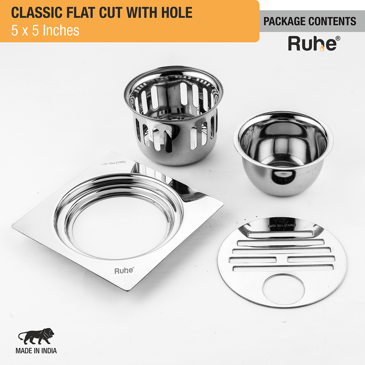 Classic Square Flat Cut 304-Grade Floor Drain with Hole & Cockroach Trap (5 x 5 Inches) -  by Ruhe