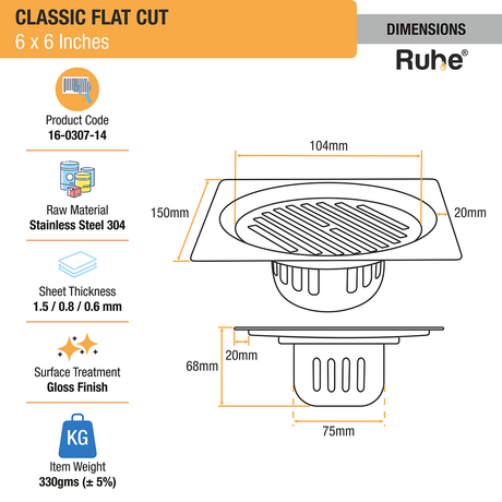 Classic Floor Drain Square Flat Cut (6 x 6 Inches) with Cockroach Trap (304 Grade) dimensions and size