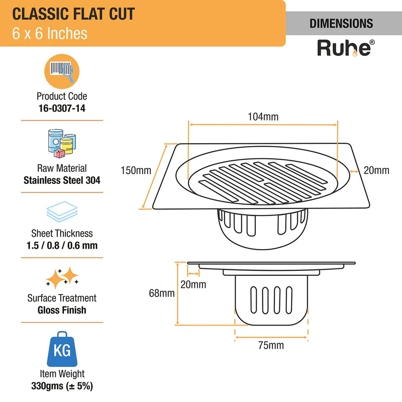 Classic Square Flat Cut 304-Grade Floor Drain with Cockroach Trap (6 x 6 Inches) - by Ruhe