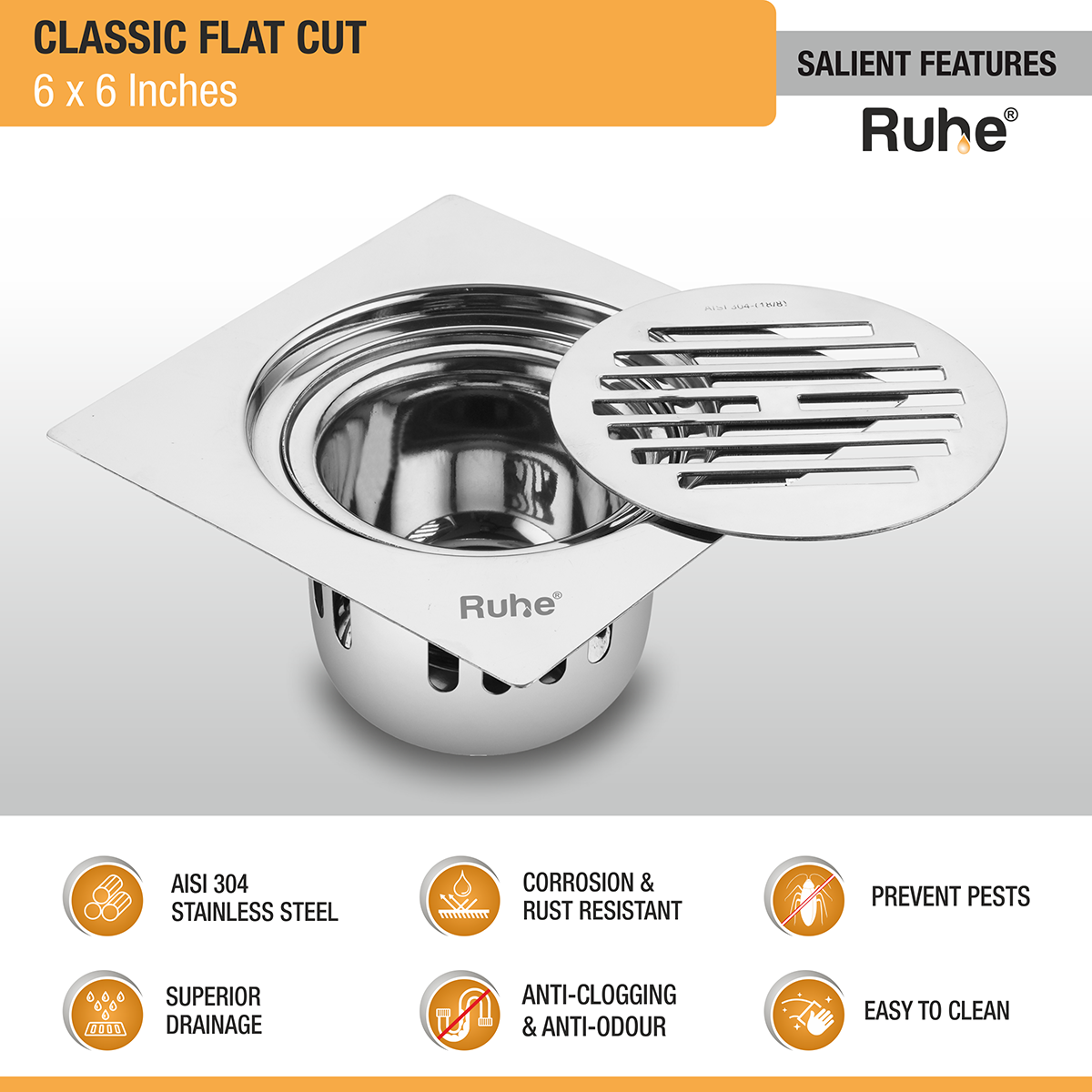 Classic Square Flat Cut 304-Grade Floor Drain with Cockroach Trap (6 x 6 Inches) -  by Ruhe