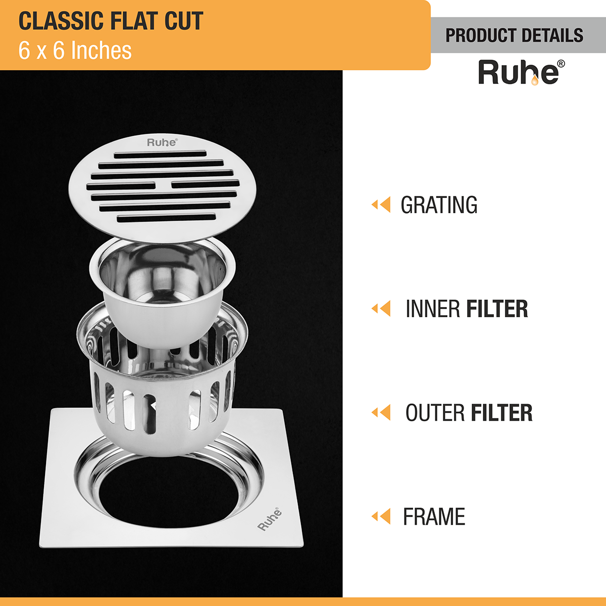 Classic Square Flat Cut 304-Grade Floor Drain with Cockroach Trap (6 x 6 Inches) -  by Ruhe