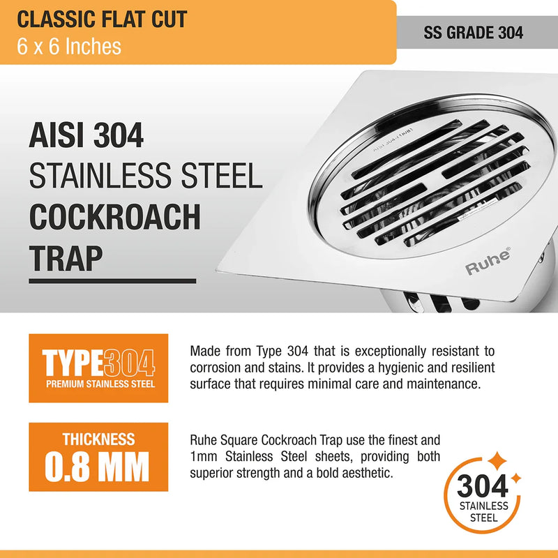 Classic Square Flat Cut 304-Grade Floor Drain with Cockroach Trap (6 x 6 Inches) - by Ruhe