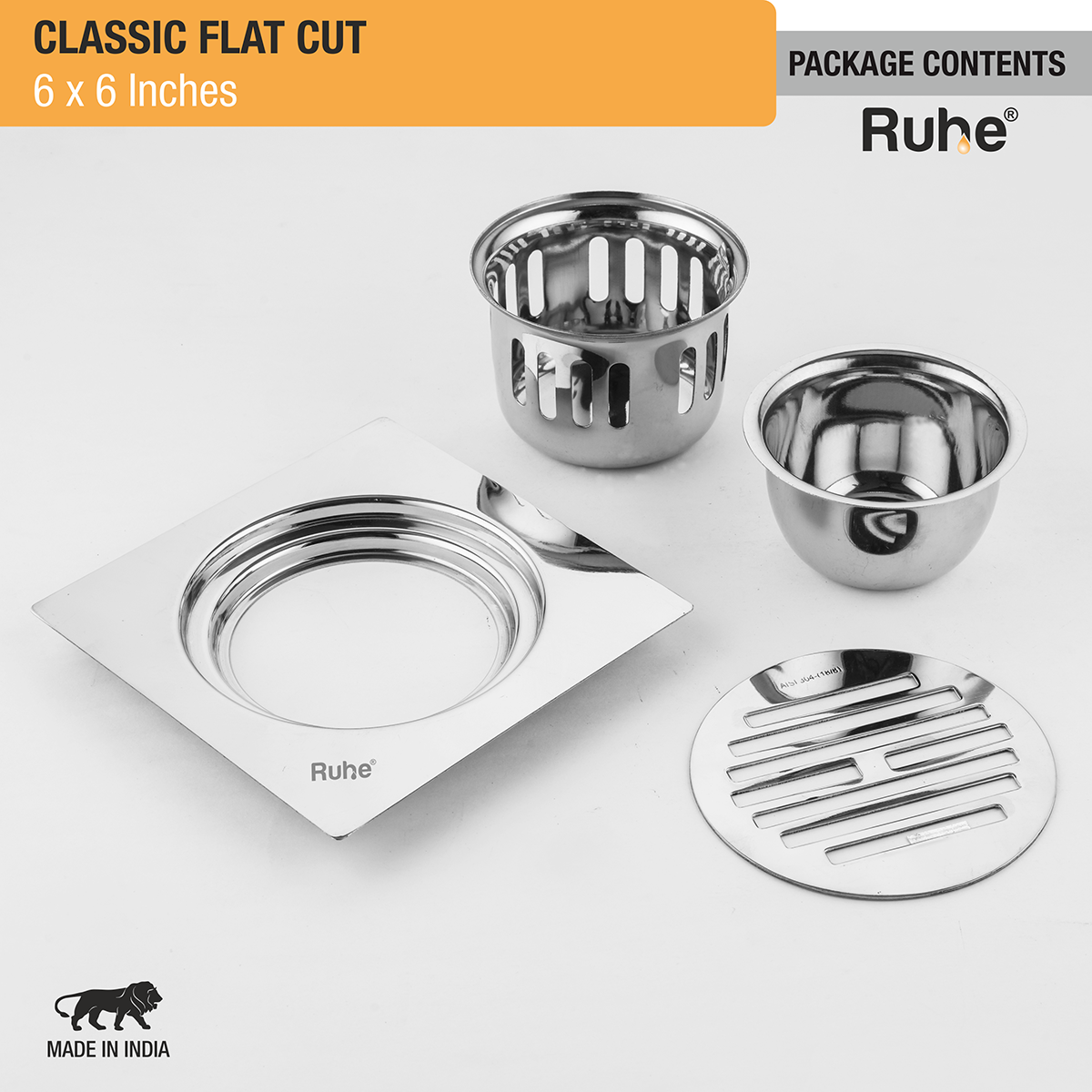 Classic Square Flat Cut 304-Grade Floor Drain with Cockroach Trap (6 x 6 Inches) -  by Ruhe