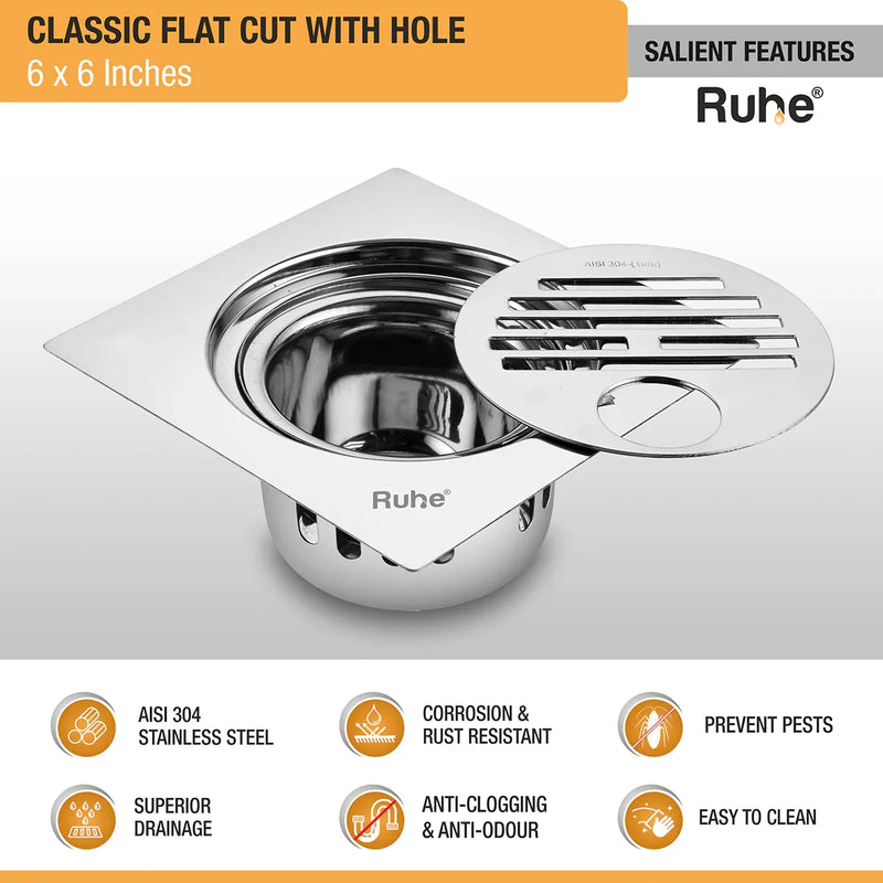 Classic Square Flat Cut 304-Grade Floor Drain with Hole & Cockroach Trap (6 x 6 Inches) - by Ruhe