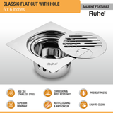 Classic Floor Drain Square Flat Cut (6 x 6 Inches) with Hole and Cockroach Trap (304 Grade) features