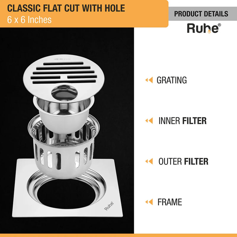 Classic Square Flat Cut 304-Grade Floor Drain with Hole & Cockroach Trap (6 x 6 Inches) - by Ruhe