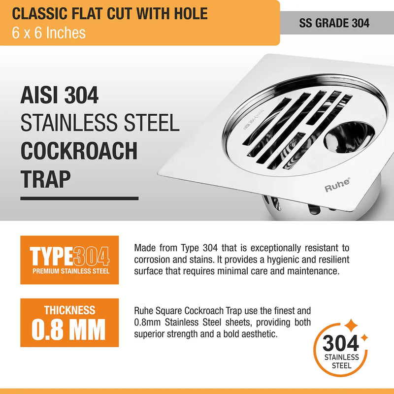 Classic Square Flat Cut 304-Grade Floor Drain with Hole & Cockroach Trap (6 x 6 Inches) - by Ruhe