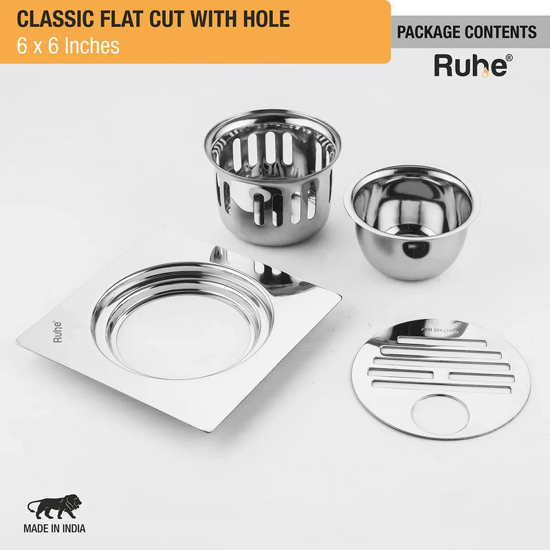 Classic Square Flat Cut 304-Grade Floor Drain with Hole & Cockroach Trap (6 x 6 Inches) - by Ruhe